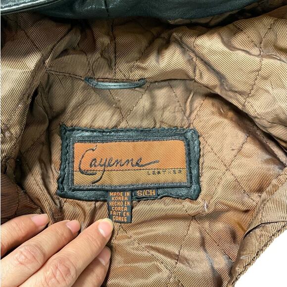 Vintage Hooded Cayenne 100% Leather Jacket 1990's Drawstring Waist SZ Small Men - Picture 8 of 12